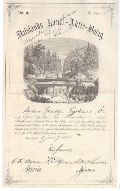 ammalt historiskt aktiebrev från Håfreströms Aktiebolag, det gamla pappersbruket i Håverud där Håfveruds Rökeri och Brasserie ligger idag.